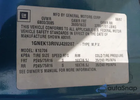 1997 Chevrolet Tahoe Ls from USA, damaged, VIN 1GNEK13R0VJ428207
